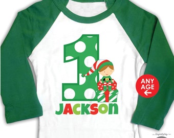 christmas elf birthday shirt • green raglan • boy elf birthday shirt or bodysuit • any age • personalized christmas birthday outfit