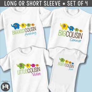 elephant biggest cousin shirt, big cousin t-shirt, little cousin & baby cousin bodysuit • 4 personalized matching cousin tees