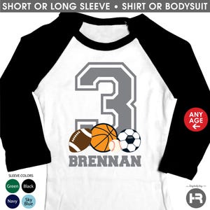 sports birthday shirt or bodysuit • raglan style • any age • gray number • sports theme birthday shirt