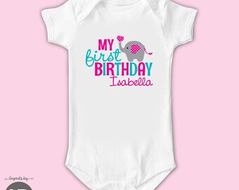 Girls Elephant First birthday shirt or bodysuit personalized