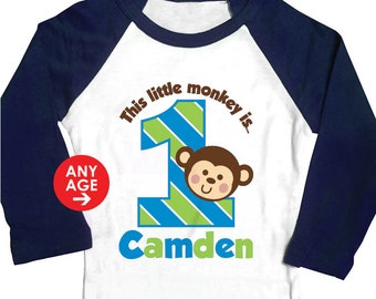 monkey birthday shirt or bodysuit • dark blue sleeve raglan • monogram zoo 1st birthday outfit • jungle first birthday or any age