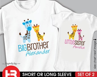 giraffe big brother shirt & little sister bodysuit or shirt • personalized set of 2 matching sibling t-shirts • custom baby shower gift