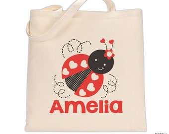 ladybug tote bag personalized • custom birthday party favor gift • monogram girl's daycare preschool bag • valentine's day party favor