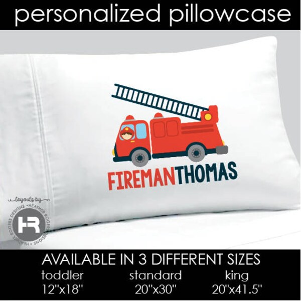 fire truck pillowcase • fire engine pillow case • decorative personalized fireman / firefighter bedding decor