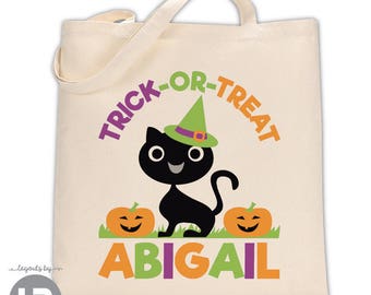 trick or treat pumpkin & witch black cat tote • personalized halloween candy bag monogram with name