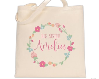 floral wreath big sister tote bag monogram with name • personalized flowers gift bag