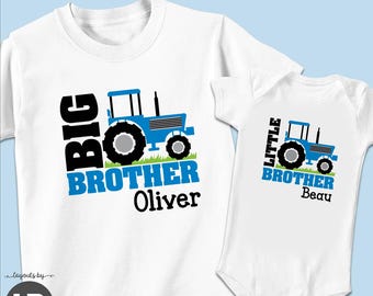 Blue tractor big brother shirt & little brother baby bodysuit - personalized matching sibling t-shirts