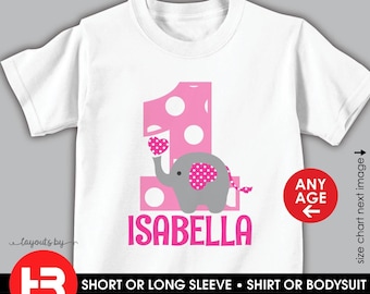 Personalized Girls Elephant Birthday Shirt or Baby Bodysuit • Any Age
