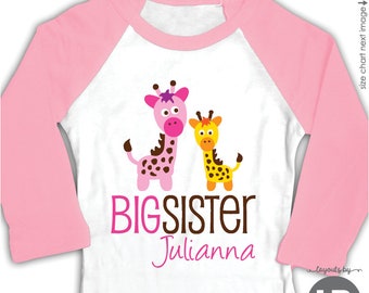giraffe big sister shirt or bodysuit monogram with name • pink raglan • new big sister pregnancy announcement tee • baby announcement gift
