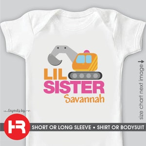 excavator lil (little) sister shirt or bodysuit • personalized little sister construction birthday t-shirt