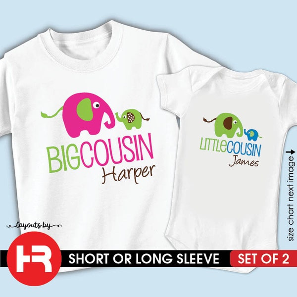 elephant big cousin shirt • little cousin bodysuit or shirt • set of 2 personalized matching cousin t-shirts