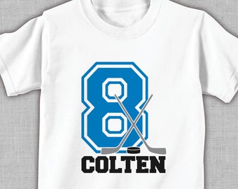 hockey birthday shirt or bodysuit (blue number) • personalized hockey party t-shirt with child's age and name