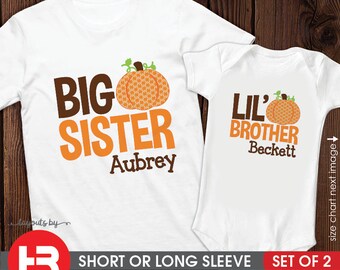 Pumpkin big sister & little brother shirt or bodysuit monogram with name - 2 personalized matching sibling t-shirts