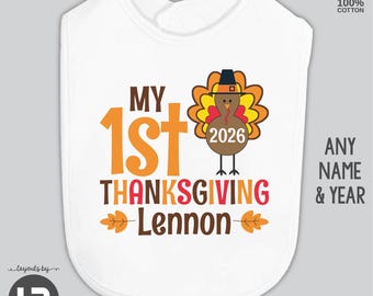 Personalized Baby's First Thanksgiving Bib: Turkey Monogram, 100% Cotton