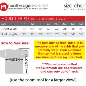 May include: Size chart for adult t-shirts with long or short sleeves. The chart shows chest width and shirt length measurements in inches for sizes S, M, L, XL, 2XL, 3XL, 4XL, and 5XL. A diagram shows how to measure chest width and shirt length.