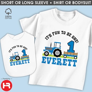 blue tractor 1st birthday shirt or bodysuit with optional birthday bib • personalized tractor first birthday t-shirt monogram any age