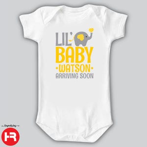 Pregnancy Announcement - Personalized Elephant Baby Bodysuit or Shirt • Yellow & Gray Design