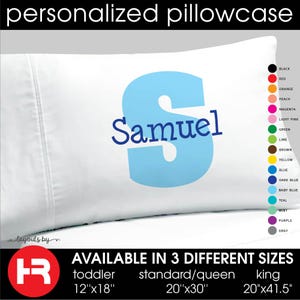 May include: A white pillowcase with a blue letter "S" and the name "Samuel" in navy blue text. The pillowcase is available in three sizes: toddler (12" x 18"), standard/queen (20" x 30"), and king (20" x 41.5").