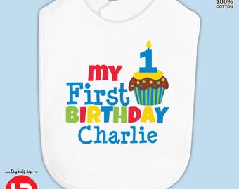 first birthday cake smash bib monogram with name - boy's cupcake 1st birthday outfit gift