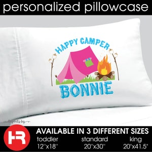 girls happy camper pillowcase • personalized camp pillow case • camping gear • camp birthday party gift • camping trip present