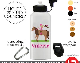 girl horseback rider water bottle monogram with name • personalized school lunch water bottle • horse riding camp gift