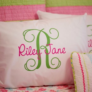 May include: White pillow with green and pink embroidered lettering that reads "Riley Jane".