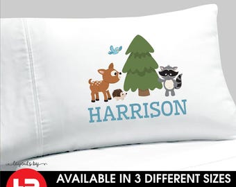 woodland animals pillowcase monogram with name • boys personalized deer, hedgehog, deer pillow case • forest baby nursery bedding decor gift