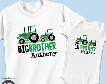 Green tractor big brother shirt & lil' (little) brother bodysuit - 2 personalized matching sibling t-shirts set