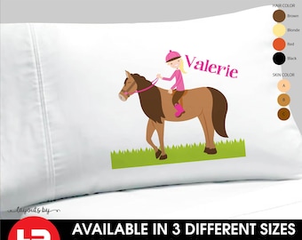 horse pillowcase monogram with name • girls personalized pillow case • decorative horseback rider bedding decor • custom birthday gift