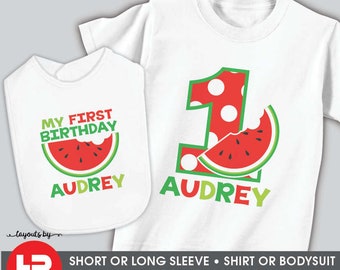 watermelon first birthday shirt or bodysuit with bib • personalized summer 1st birthday girl t-shirt