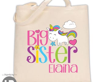 unicorn big sister tote bag monogrammed with name • personalized big sister gift bag