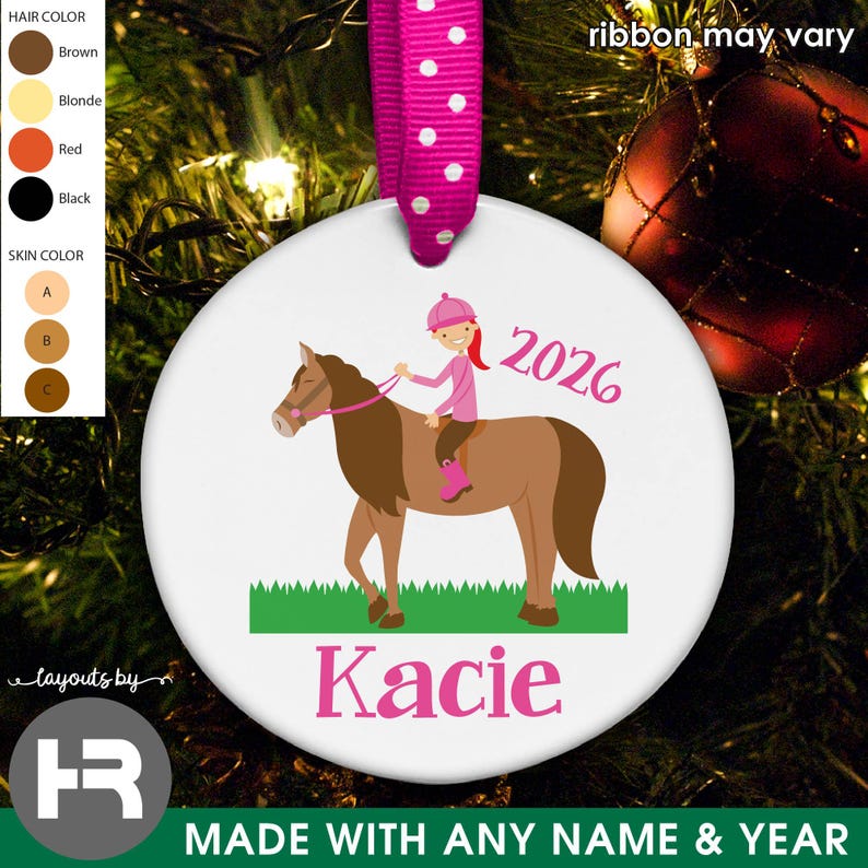 horse ornament • girls personalized horseback rider christmas ornament with name & year immagine 3