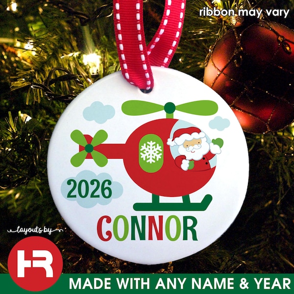 Santa Helicopter Ornament Monogram Name & Year - Personalized Kids Christmas Gift