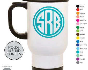 circle monogram travel coffee mug • monogrammed bridesmaid gift • graduation gift • birthday present • christmas gift