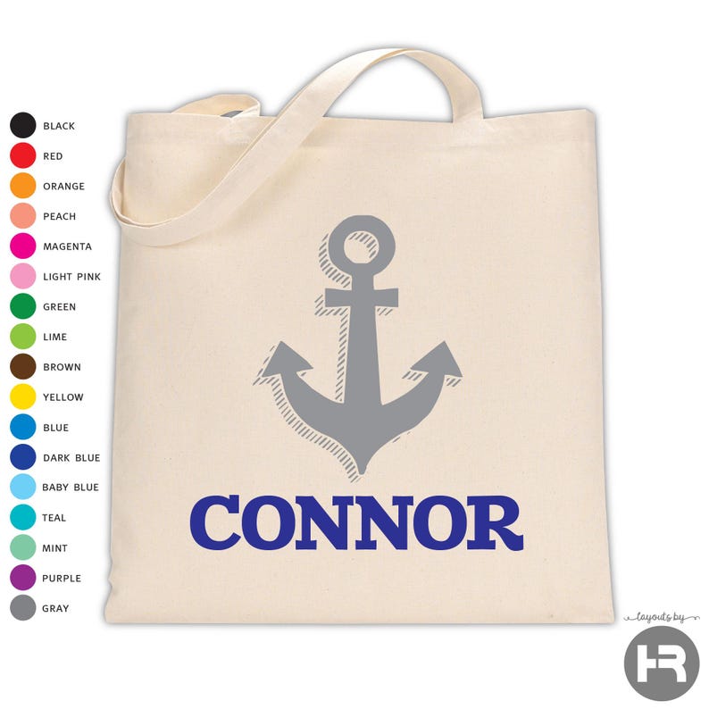 May include: A beige canvas tote bag featuring a centered gray anchor graphic and the name CONNOR printed in bold blue capital letters. To the left, a vertical list of sixteen colored circles displays available color options with labels.
