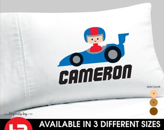 racing pillowcase monogram with name •  boys personalized race car pillow case • racecar bedding decor