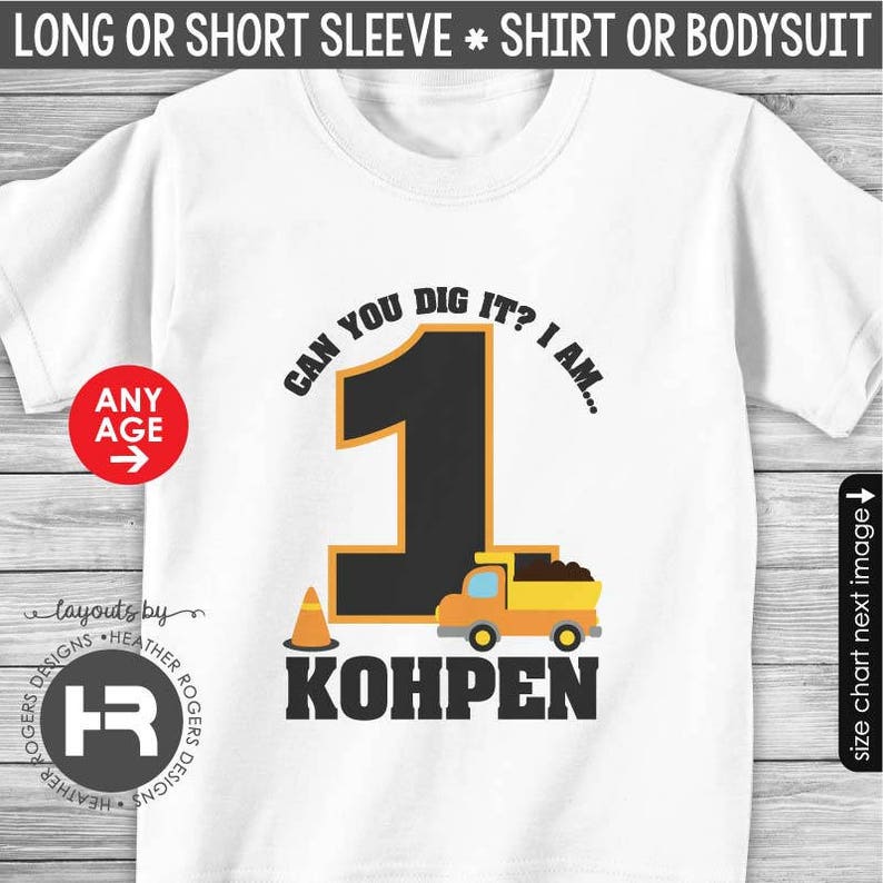 construction birthday shirt or bodysuit monogram dump truck party t-shirt personalized with child's age and name image 3