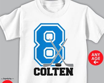 hockey birthday shirt or bodysuit (blue number) • personalized hockey party t-shirt with child's age and name