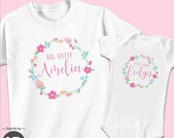 Conjunto personalizado de camiseta floral para hermana mayor y body para hermana menor - 100% algodón