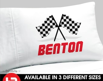 racing pillowcase •  boys personalized checkered flag pillow case birthday party favor gift • racing bedding decor • race car driver present