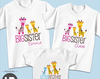 Personalized Giraffe Sibling Shirts, Big Sister Little Brother Matching Set: 100% Cotton