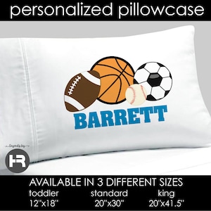 sports pillowcase • boys personalized football, basketball, baseball, soccer pillow case • monogram custom sports theme bedding decor