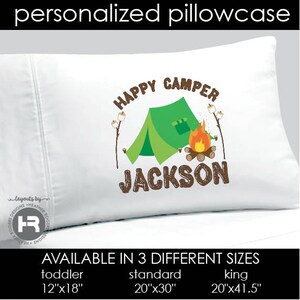 Happy Camper Pillowcase \u2022 Personalized Camp Pillow case \u2022 Decorative Personalized Pillowcase \u2022 Camping Gear \u2022 Camp Birthday Party Gift