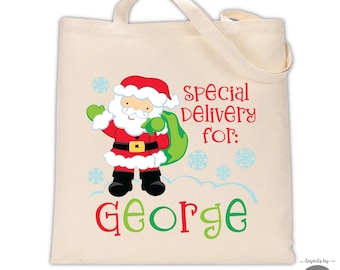 personalized kids christmas tote • special delivery gift bag from santa monogram with child's name