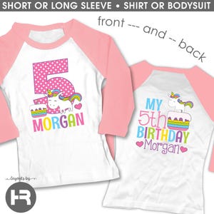 unicorn birthday shirt or bodysuit • pink raglan sleeves • design on front & back • any age • girls party outfit