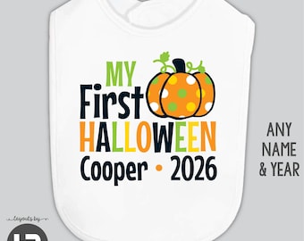 baby's 1st halloween pumpkin bib • personalized first halloween bib with name & year • custom baby shower gift