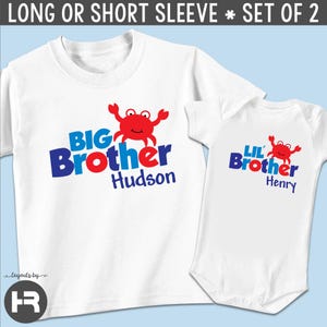 Personalized Crab Big Brother Shirt and Little Brother Baby Bodysuit - Matching Sibling Set 100% Cotton