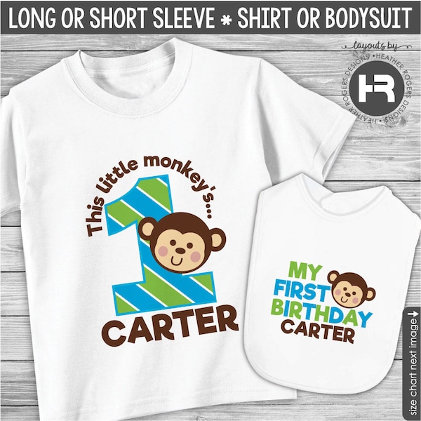 monkey first birthday shirt or bodysuit with optional matching bib • personalized 1st birthday outfit