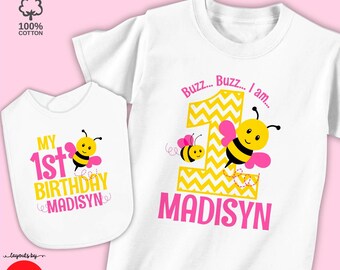 bumblebee birthday shirt or bodysuit or bib monogram with name & any age • personalized girls bumble bee 1st birthday t-shirt gift