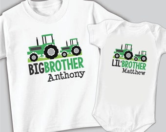 green tractor big brother shirt & lil' (little) brother bodysuit • 2 personalized matching sibling t-shirts • monogram baby shower gift